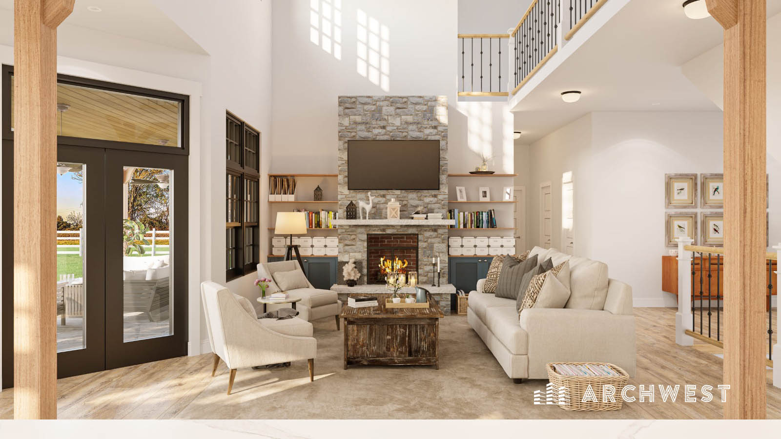 12. 3D Rendering of a Wooden Theme Living Room